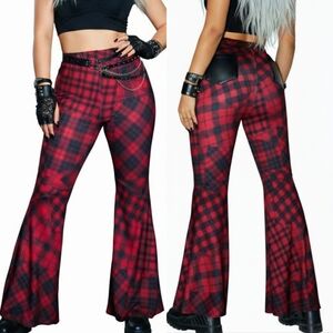 Romwe blk red plaid faux leather back pockets extreme flare punk pants 0X 12 NWT